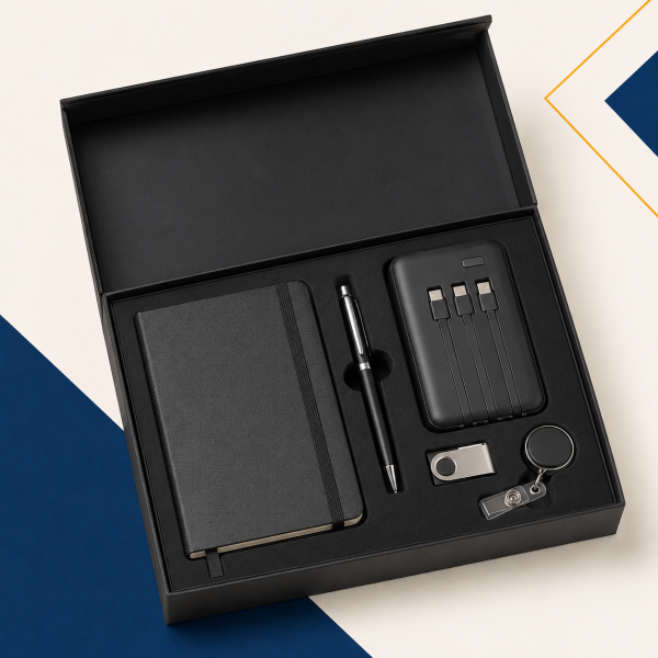 Five-piece black corporate gift set with notebook, pen, power bank, USB drive and ID badge holder.