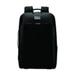 Front view of a structured black tech backpack with a large zippered panel and customizable upper badge area.