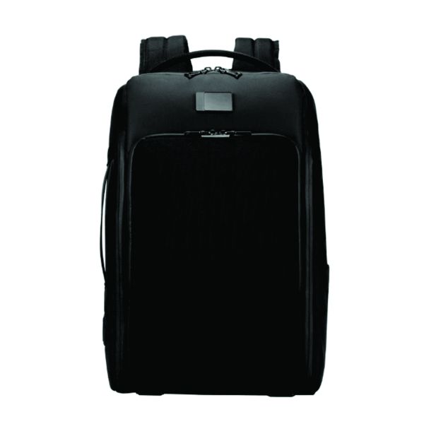 Front view of a structured black tech backpack with a large zippered panel and customizable upper badge area.