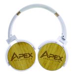 Custom white over-ear Bluetooth headphones with gold accents, natural bamboo earcup panels and space for laser-engraved company logos.