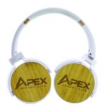 Custom white over-ear Bluetooth headphones with gold accents, natural bamboo earcup panels and space for laser-engraved company logos.