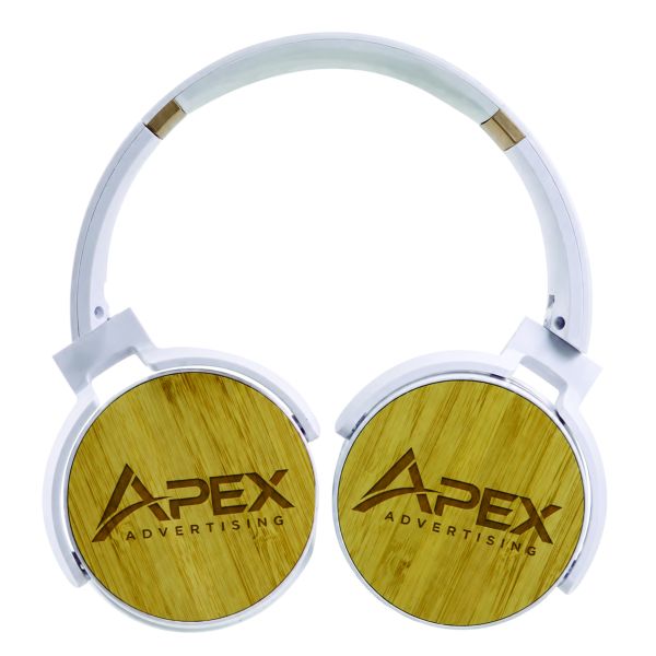 Custom white over-ear Bluetooth headphones with gold accents, natural bamboo earcup panels and space for laser-engraved company logos.