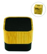 Custom square bamboo Bluetooth speaker with black fabric grille, RGB LED accent light, playback controls and logo-branding area.