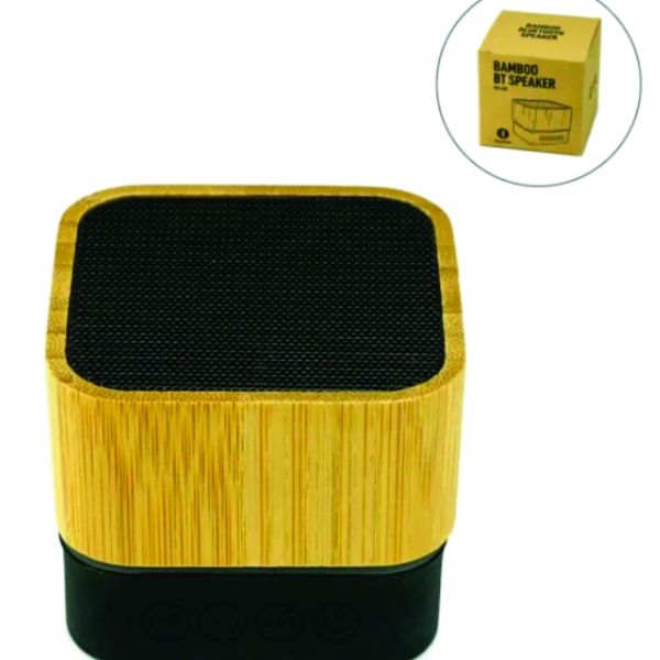 Custom square bamboo Bluetooth speaker with black fabric grille, RGB LED accent light, playback controls and logo-branding area.