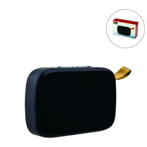 Custom black portable Bluetooth speaker with FM radio, front speaker grille, USB connectivity and gold-colored wrist strap.