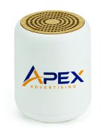 White recycled-plastic Bluetooth speaker with a circular bamboo grille, control buttons, charging port and 3.5 mm AUX input.