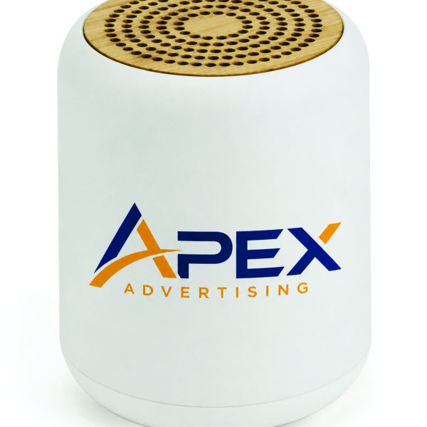 White recycled-plastic Bluetooth speaker with a circular bamboo grille, control buttons, charging port and 3.5 mm AUX input.