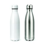 Custom cola-shaped stainless steel water bottles in glossy white and brushed silver finishes
