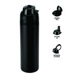Black sports water bottle with drinking hole, flip-up straw and integrated lid handle