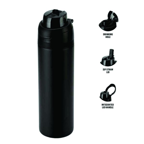 Black sports water bottle with drinking hole, flip-up straw and integrated lid handle