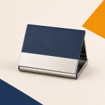 Navy PU leather and brushed silver business card holder.