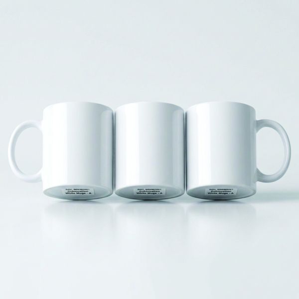 Three blank glossy white ceramic mugs with curved handles displayed on a clean studio background.
