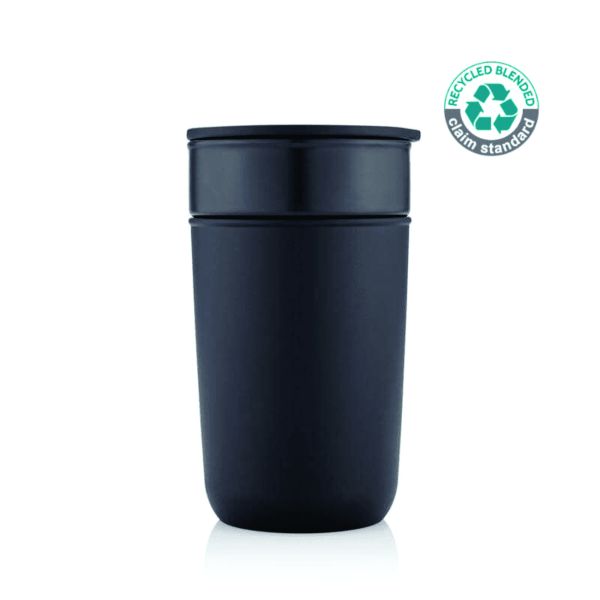 Black 360ml ceramic tumbler with a recycled protective outer case and fitted lid.