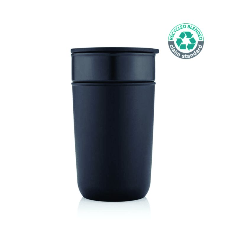 Black 360ml ceramic tumbler with a recycled protective outer case and fitted lid.