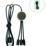 Custom black 3-in-1 braided charging and data cable with USB-C, Lightning-compatible and Micro-USB connectors, featuring a round gold-bordered logo area.