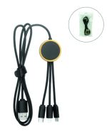 Custom black 3-in-1 braided charging and data cable with USB-C, Lightning-compatible and Micro-USB connectors, featuring a round gold-bordered logo area.
