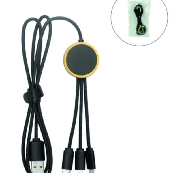 Custom black 3-in-1 braided charging and data cable with USB-C, Lightning-compatible and Micro-USB connectors, featuring a round gold-bordered logo area.
