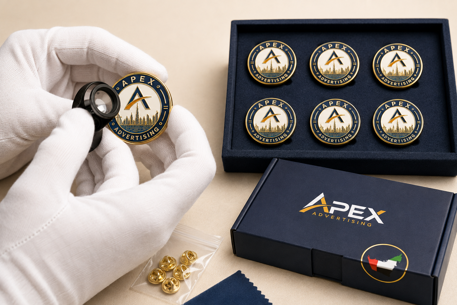 White-gloved quality inspector examining custom Apex enamel lapel pins beside branded packaging prepared for delivery across the UAE.