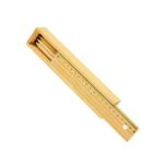 Wooden coloured-pencil case with a partially open ruler-style sliding lid showing natural-wood colouring pencils inside.