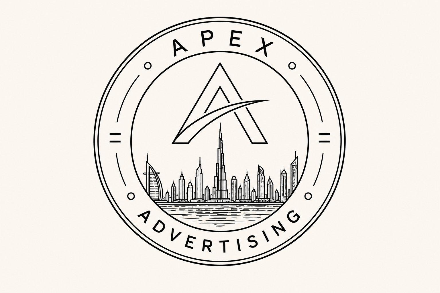 Clean black outline artwork of a custom Apex Advertising lapel pin with the company logo and Dubai skyline.
