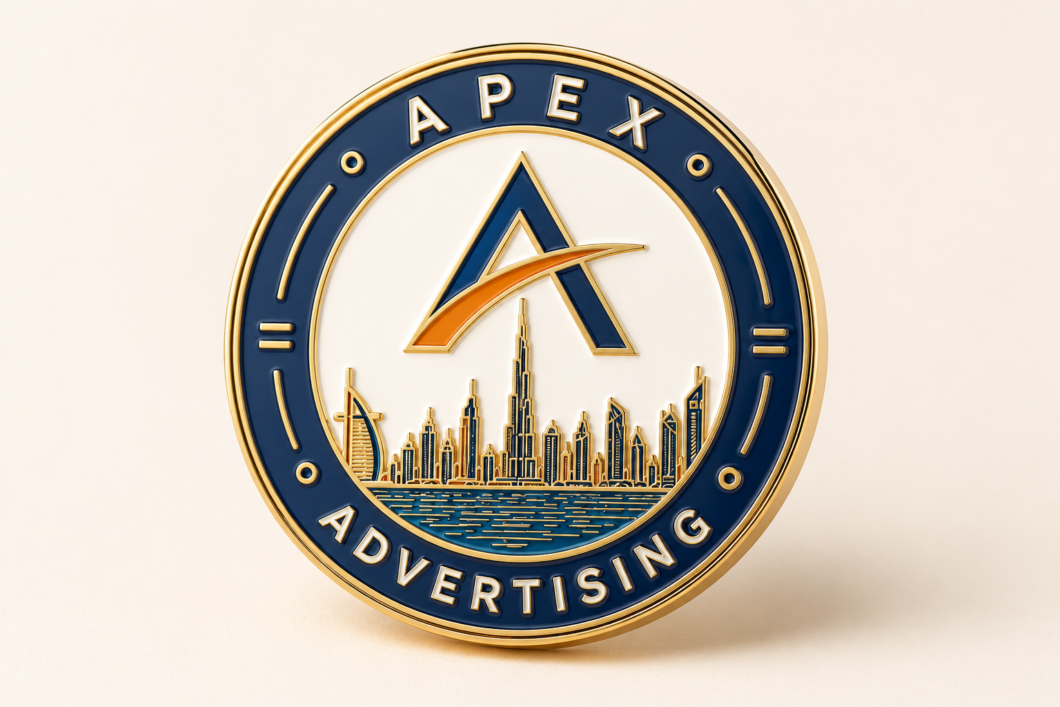 Finished navy, orange, white and gold Apex Advertising enamel lapel pin featuring the Dubai skyline.