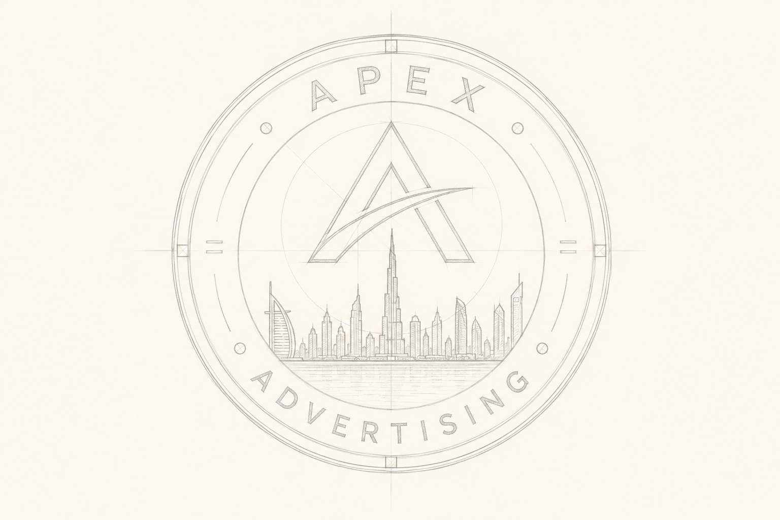Light pencil construction sketch of a circular Apex Advertising lapel pin featuring the company logo and Dubai skyline.