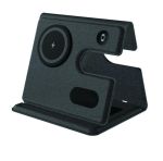 Front view of a dark-grey foldable 3-in-1 wireless charging station with phone, smartwatch and earbud charging areas.