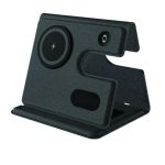 Front view of a dark-grey foldable 3-in-1 wireless charging station with phone, smartwatch and earbud charging areas.