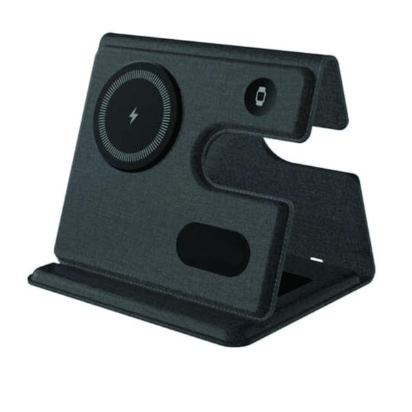Front view of a dark-grey foldable 3-in-1 wireless charging station with phone, smartwatch and earbud charging areas.