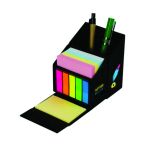 Four-panel view of a black custom desk organizer featuring pastel memo pads, colourful page markers, sticky notes and pen storage.