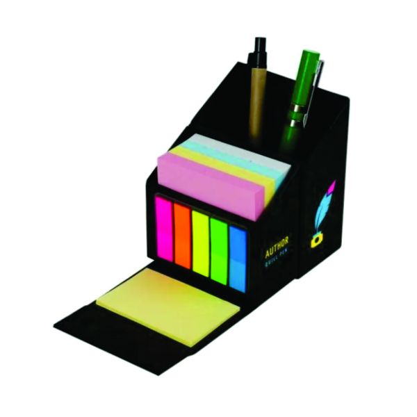 Four-panel view of a black custom desk organizer featuring pastel memo pads, colourful page markers, sticky notes and pen storage.