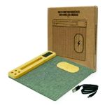 Custom grey desk mouse pad with bamboo organizer, pen holders, computer mouse and smartphone on the 15W wireless charging area.