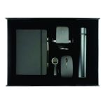 Top view of a black executive gift set containing a notebook, pen, wireless charging stand, mouse, keychain and stainless-steel bottle.
