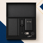 Black corporate gift box with notebook, pen, power bank, USB drive and badge holder