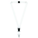Plain white woven lanyard with a black breakaway connector, detachable quick-release buckle and silver metal swivel hook.