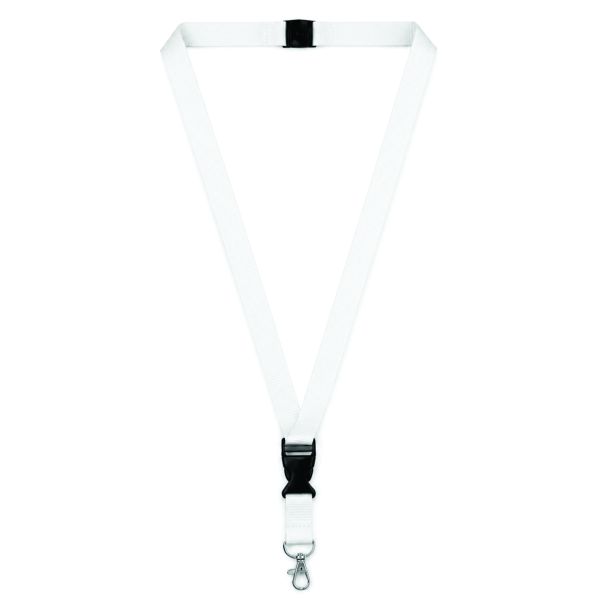 Plain white woven lanyard with a black breakaway connector, detachable quick-release buckle and silver metal swivel hook.