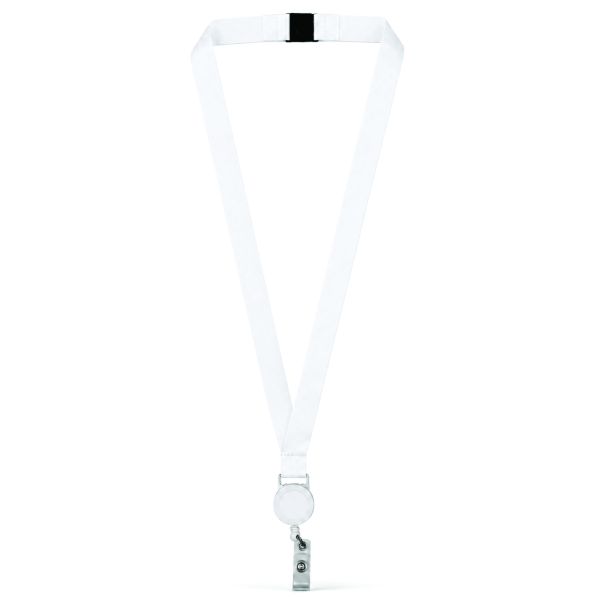 White custom-printed Apex Advertising lanyard with repeated blue and orange logos, breakaway connector, retractable badge reel and metal clip.