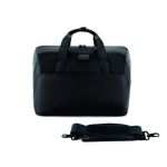 Black executive laptop bag with dual carrying handles, a large front pocket and detachable padded shoulder strap on a white background.