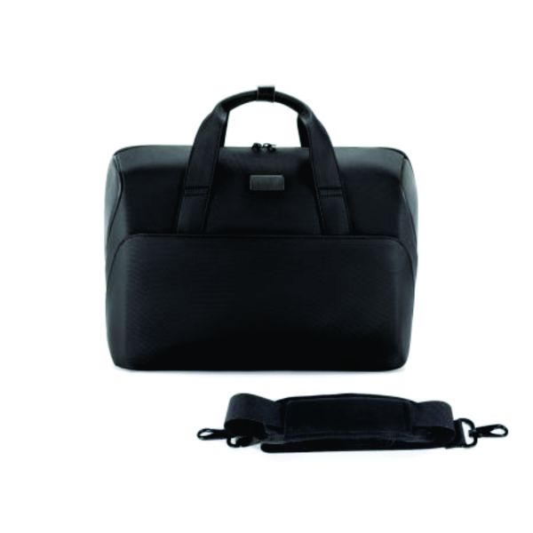 Black executive laptop bag with dual carrying handles, a large front pocket and detachable padded shoulder strap on a white background.