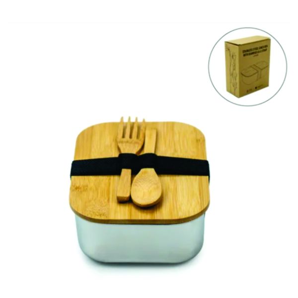 Stainless steel lunch box with bamboo lid, cutlery, elastic strap and kraft packaging