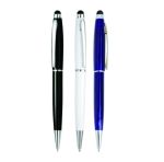 Black, white and blue metal ballpoint pens with chrome accents and soft rubber touchscreen stylus tips.