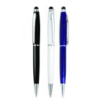 Black, white and blue metal ballpoint pens with chrome accents and soft rubber touchscreen stylus tips.