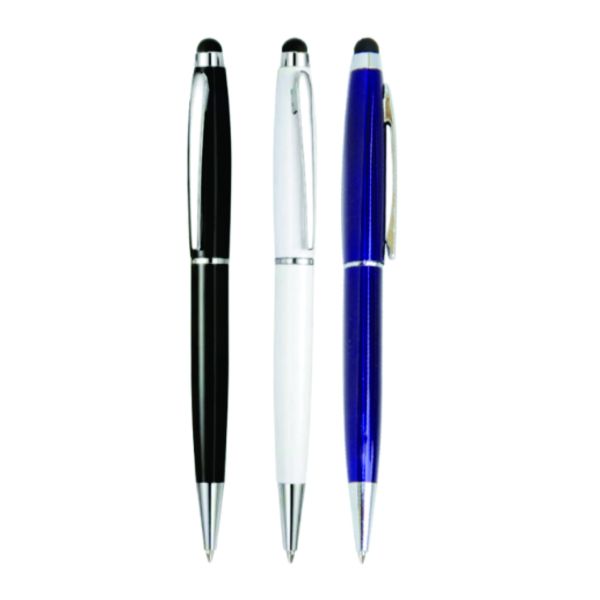 Black, white and blue metal ballpoint pens with chrome accents and soft rubber touchscreen stylus tips.
