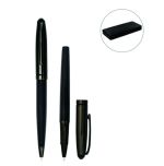 Black executive metal ballpoint and rollerball pens displayed with their matching presentation box.
