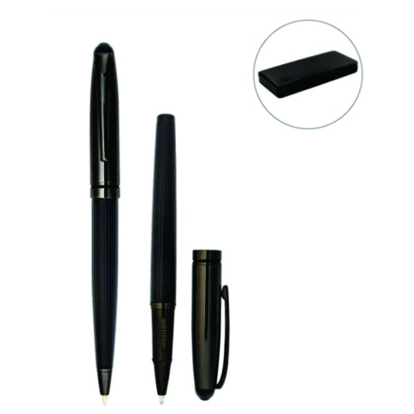 Black executive metal ballpoint and rollerball pens displayed with their matching presentation box.