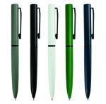 Custom textured metal ballpoint pens displayed in grey, black, white, green and navy blue with contrasting pocket clips.
