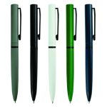 Custom textured metal ballpoint pens displayed in grey, black, white, green and navy blue with contrasting pocket clips.
