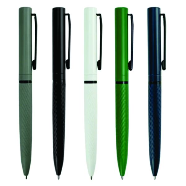 Custom textured metal ballpoint pens displayed in grey, black, white, green and navy blue with contrasting pocket clips.