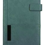 Grey custom PU leather executive notebook with stitched cover, elastic pen holder and side flap closure.