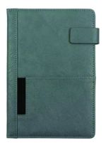 Grey custom PU leather executive notebook with stitched cover, elastic pen holder and side flap closure.